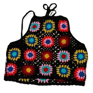 Forever 21 Crochet Floral Crop Top - SIZE LARGE (Black/Multi) (L) 🌈